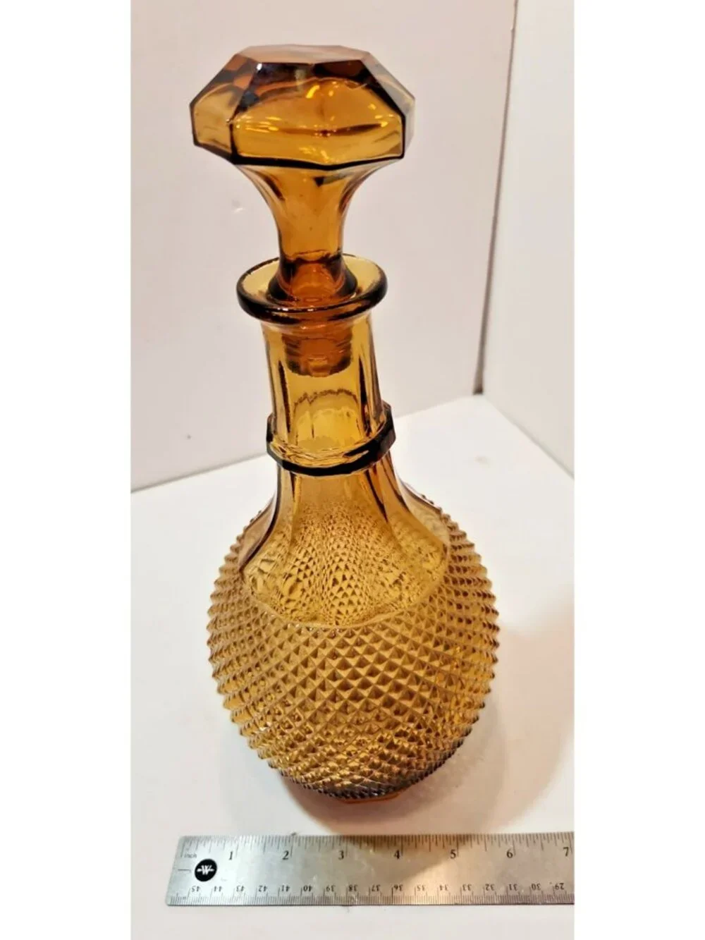 Vintage 1960's Amber Colored Hobnail Glass Wine/Liquor Decanter Bottle w/Stopper